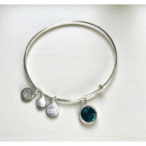 Alex & Ani May Birthstone Charm Bangle Green Emerald Silver Finish Expandable - Picture 1 of 4